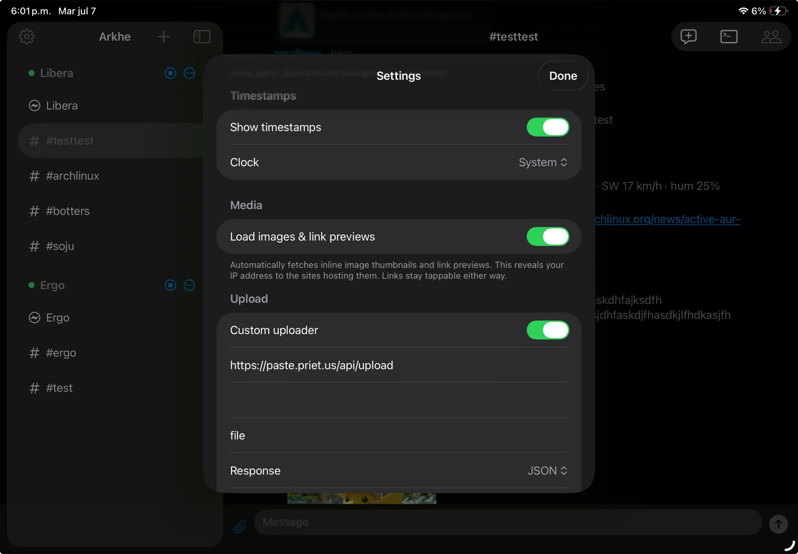 iPad: settings with display, media, notification and upload options